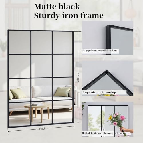 Dewfig 47x30 Inch Rectangle Wall Mirror with Black Metal Frame Windowpane Design - Variation: Windowpane-rm