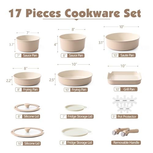 SENSARTE 17-Piece Ceramic Non-Stick Cookware Set Almond Beige with Removable Handles