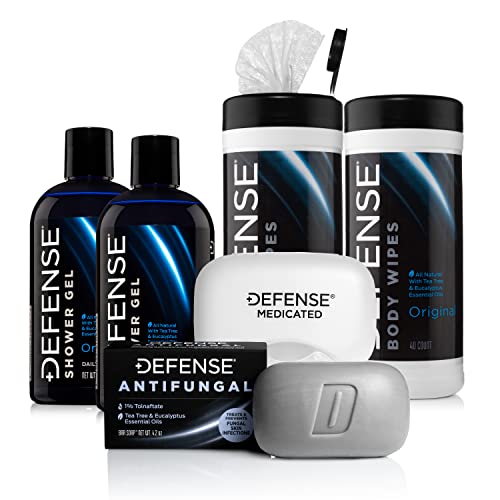 Defense Soap Antifungal Medicated Bar Soap, Tea Tree Body Wipes (40 Count) 2 Pack, & Body Wash 12 oz 2 Pack - Natural Shower Gel