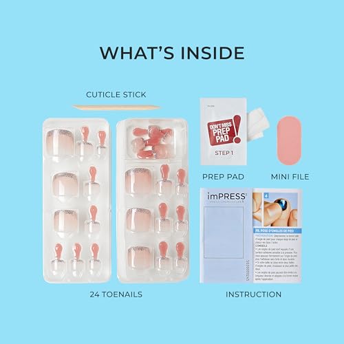 KISS imPRESS No Glue Pedi Press-On Nails, Design, 'Last Flowers', Medium Blue, Short Size, Squoval Shape, Includes 24 Nails, Prep Pad, Instructions Sheet, 1 Manicure Stick, 1 Mini File