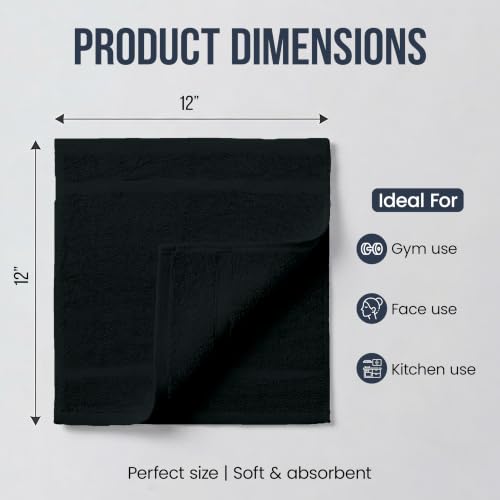 Avalon Towels Black Cotton Face Washcloths 12x12 Inch, Pack of 48