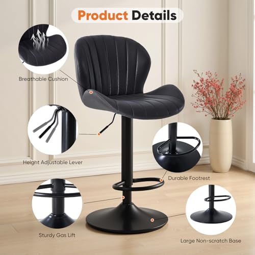 Sweetcrispy Black Set of 2 Adjustable Swivel Bar Stools - Fabric Counter Height Chairs