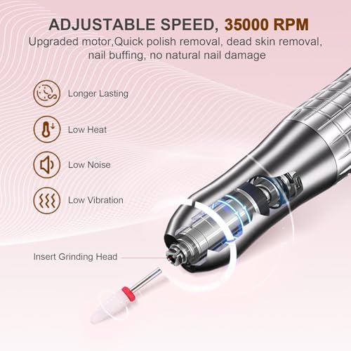 Brushless Nail Drill with UV Light, 35,000 RPM Electric Nail File for Acrylic Gel Dip Powder Nail Tool, Portable Rechargeable Manicure Pedicure Kit, Rose Gold