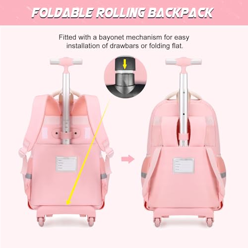 Girls Rolling Backpack with Wheels - Beige Pink School Bag Set with Lunch & Pencil Case