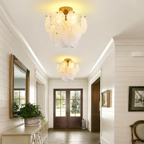 Gold White Cloud Glass Ceiling Light Fixture Modern Semi Flush Mount Round Lighting for Bedroom Living Room Foyer