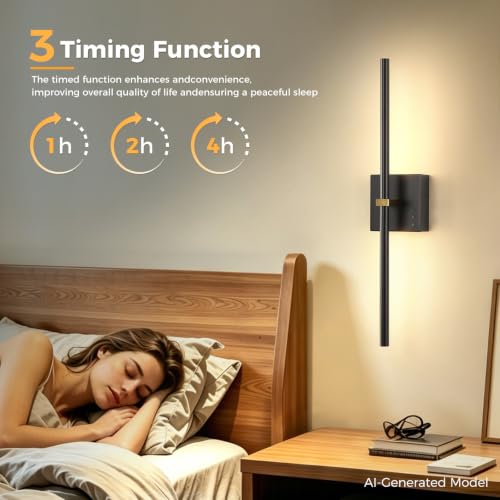Joossnwell Black & Gold Battery Operated Wall Sconces Set of 2, 24 Inch Modern Wireless Lighting with Dimmable LEDs