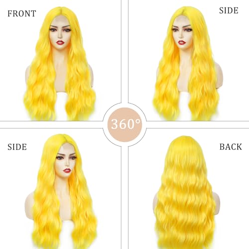 Yellow Wig Long Wavy Wig for Women 26in Middle Part Neon Yellow (Variation: Yellow) - YBYMCAI