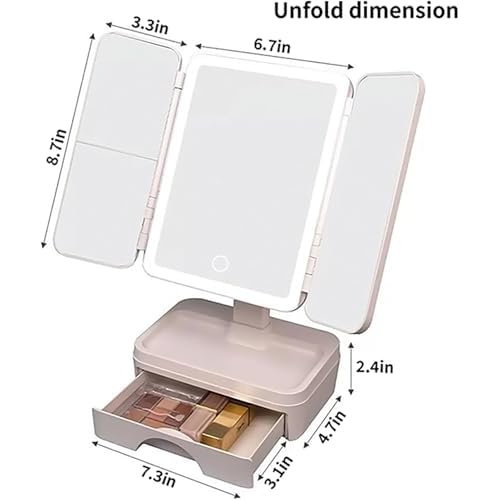 Tri fold Makeup Mirror with Lights,Storage,Magnification,Lighted Makeup Mirror with Storage,Vanity Mirror with Lights, Small Vanity Mirror