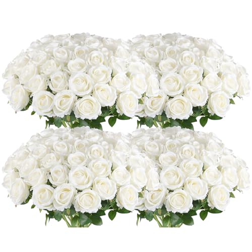 Hananona 100 White Artificial Roses - Realistic Silk Flowers Bulk, 20 Inch Stems