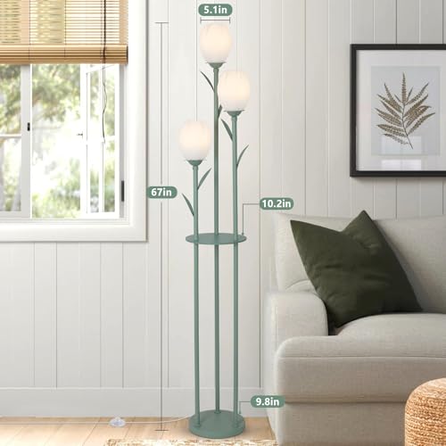 Green 3-Light Flower Floor Lamp with Shelves - Tulip Standing Lamp for Living Room & Bedroom