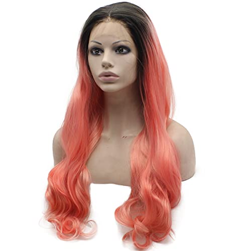 Long Black Roots Pink Synthetic Lace Front Wig - Hand Tied Heat-Resistant Hair