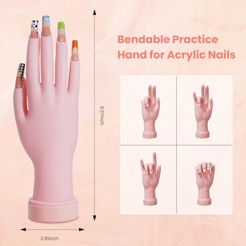 Nail Kit for Beginners with Everything: Practice Hand Acrylic Nail Set Professional Powder Drill Liquid Starter Kits with U V Lamp in Cosmetic Gift Bag for Women Salon Home (Pink)