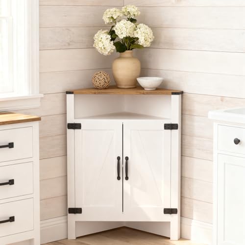 M METERXITY Bathroom Corner Cabinet with Barn Doors, Adjustable Shelf - Farmhouse Rustic Style, Waterproof MDF Storage Organizer