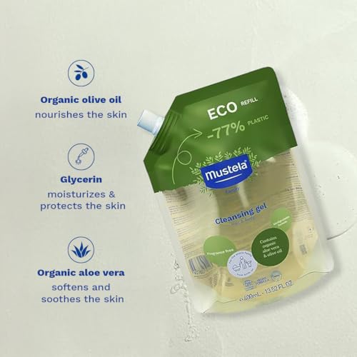 Mustela Organic Baby & Family Cleansing Gel Refill - Fragrance-Free, Tear-Free, Vegan, 13.52 fl oz