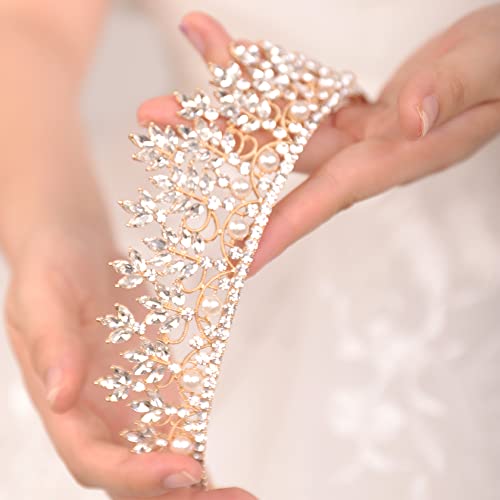 JWICOS Gold Crystal Pearl Tiara Crown for Women Princess Rhinestone Crown Headband for Brides Bridal Wedding Hair Accessories for Brides and Bridesmaid (Gold)