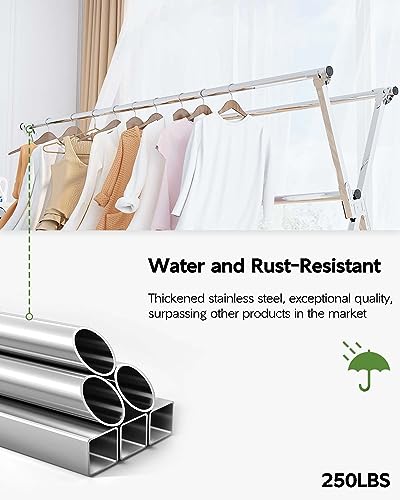 VIKAQI 95-Inch Folding Outdoor Indoor Clothes Drying Rack with 20 Hooks, 12 Clips, Heavy-Duty Stainless Steel