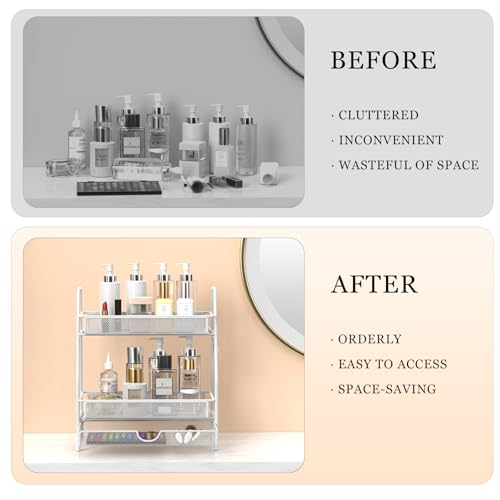 LEMIKKLE 2-Tier Bathroom Counter Organizer with Drawers, Multi-Purpose Makeup Organizer Countertop, Large Skincare Organizers, Exquisite Vanity Shelf