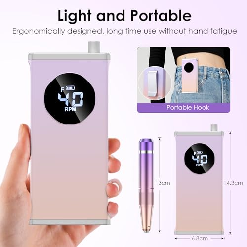 Electric Nail Drill, 40000RPM Professional E-Filer Rechargeable with 15 Drill Bits, Portable Nail File Electric Nail Filer for Acrylic Nails Gel Polishing Removing for Salon Home (Purple)