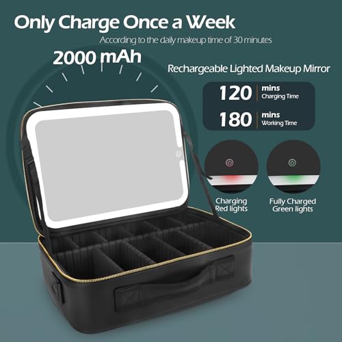 MOMIRA Large Makeup Train Case with Lighted and Mirror Partitionable Cosmetic Bag Travel Makeup Case Professional Cosmetic Artist Organizer, Waterproof Portable, with Shoulder Stra