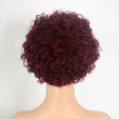 Red Short Curly Human Hair Headband Wig - Burgundy #99J 6 Inch, Glueless, 150% Density