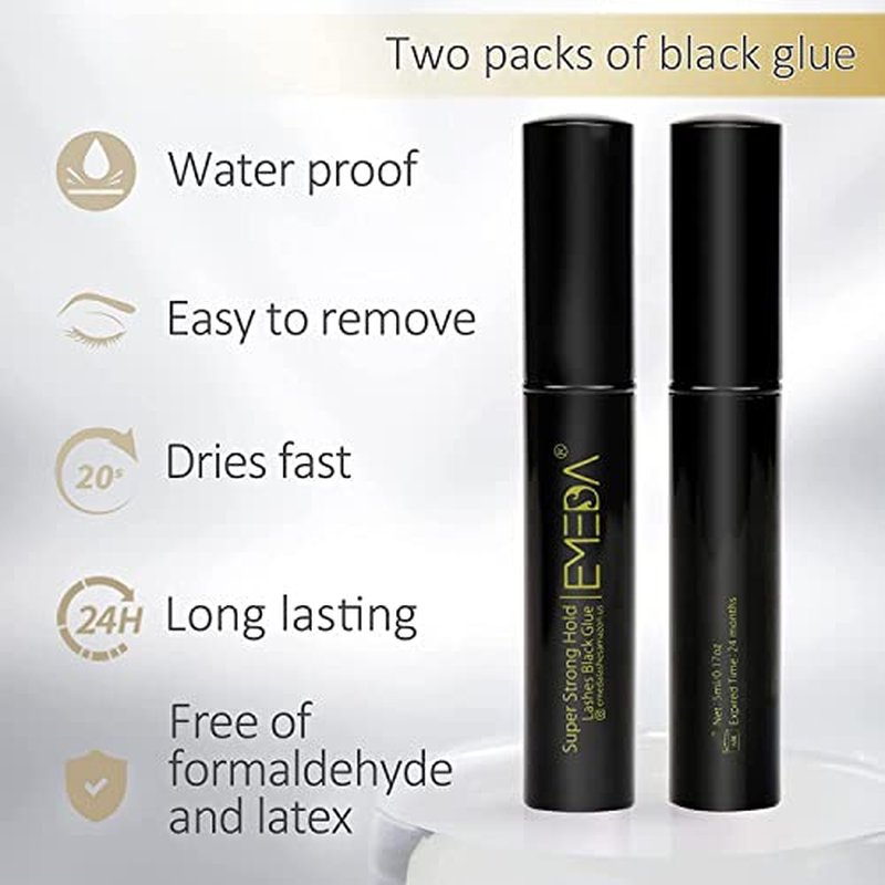 EMEDA 2 PCS Latex Free Eyelash Glue Waterproof Black Lashes Glue Super Strong Hold False Eyelash Adhesive Best Strip Adhesive(Black 5ml+5ml)