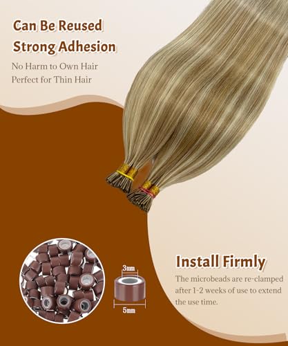 Human Hair Extensions Balayage Brown to Blonde 14 Inch 50g - Seamless I Tip, Ultra Soft, Long Hair
