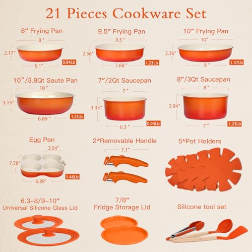 GiPP 21-Piece Nonstick Cookware Set with Detachable Handles - Orange Gradient