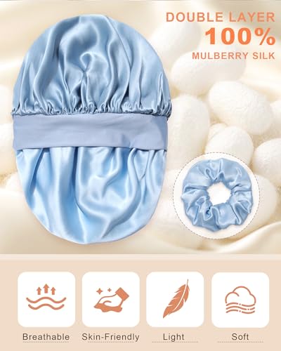 3 Pack Reversible Mulberry Silk Sleep Bonnet for Women - Blue