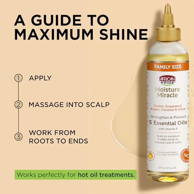 African Pride Moisture Miracle 5 Essential Hair Oils with Vitamin E (3 Pack) | Moisture, Shine, Protection, and Growth | Argan, Castor, Grapeseed, Coconut, and Olive Oil | 8 oz