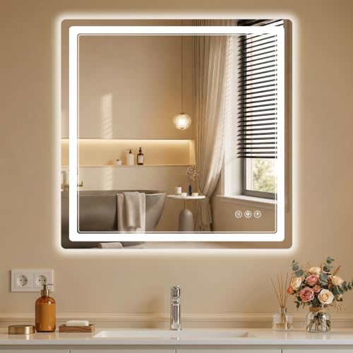 30x30 Inch LED Bathroom Mirror with Lights Anti-Fog Dimmable & Memory