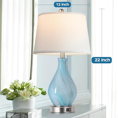 Blue Gray Accent Table Lamp Set of 2 with USB Ports, Dimmable Touch Control, 22-Inch Art Glass Nightstand Lamps