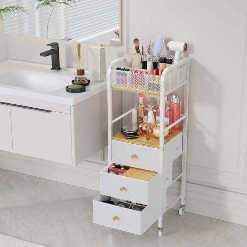 HapiRm Rolling Makeup Cart Organizer - Floor Skincare Make Up Storage with 3 Non-woven Fabric Drawers, Vanity Organizer Cosmetic Display Cases Holder for Skin Care Perfume Nail Polish Brush Hair Tool