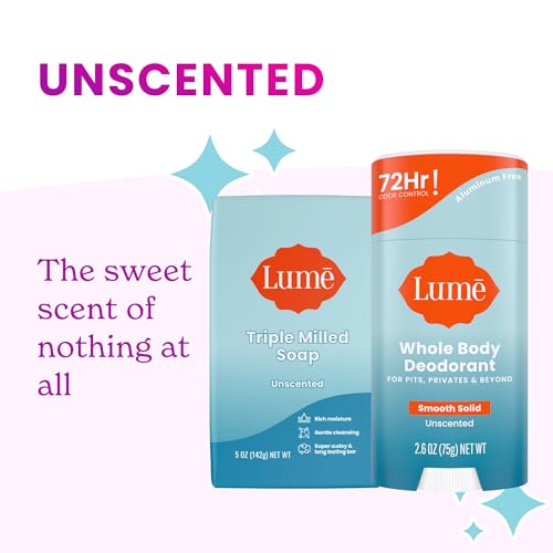 Lume Whole Body Deodorant And Soap - 2.6 Ounce Smooth Solid Stick With 72 Hour Odor Control (Pack of 2) and 5 Ounce Triple Milled Soap (Pack of 2) - Aluminum and Baking Soda Free (Unscented)
