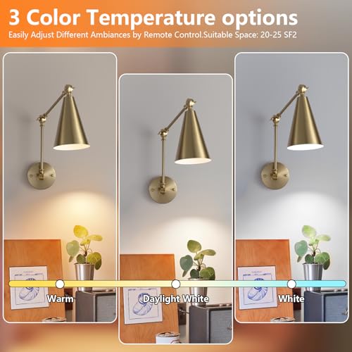 Gold Battery Operated Swing Arm Wall Sconce Set of 2 - Dimmable, Remote Control, Rechargeable Indoor Light with 3 Color Options