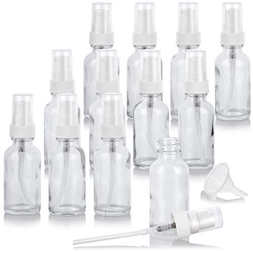 12 Pack Clear Glass Boston Round Bottles with White Pump Dispenser - 1 oz / 30 ml Refillable Containers