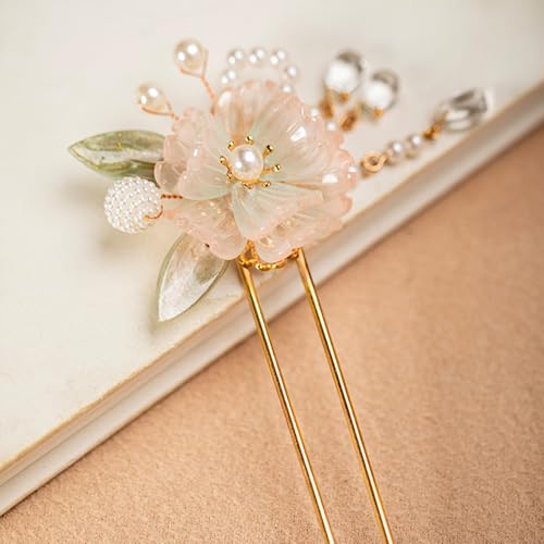 Rainbow Pink Chrysanthemum Pearl Tassel Hair Clip - Hanfu Accessories for Women & Girls - Rainbow Flower Variation