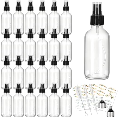 CycleMore 25 Pack 4oz Clear Glass Spray Bottles with Fine Mist Sprayers - Reusable Travel Dispensers
