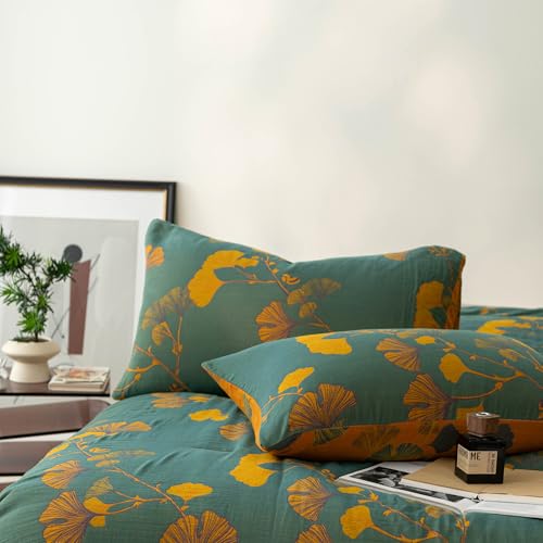 Purefair Green Yellow 100% Cotton Muslin Jacquard Comforter Set - King, Reversible Floral Ginkgo Print, All-Season Bedding