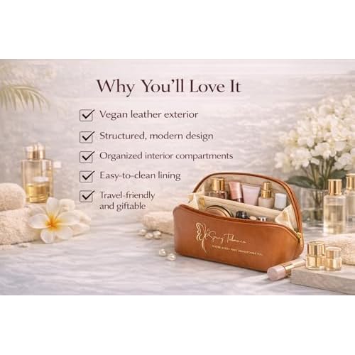 Travel Makeup Bag for Women ? Structured Vegan Leather Cosmetic Organizer with Compartments, Waterproof Toiletry Bag, Carry-On Friendly, Gift-Ready