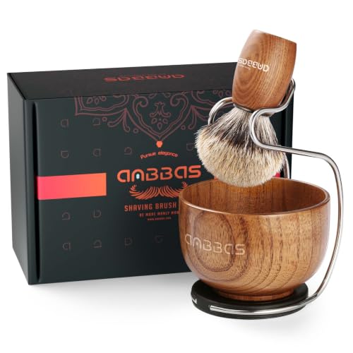 Anbbas Brown Badger Hair 3-in-1 Shaving Brush Set for Men with Wooden Lather Bowl