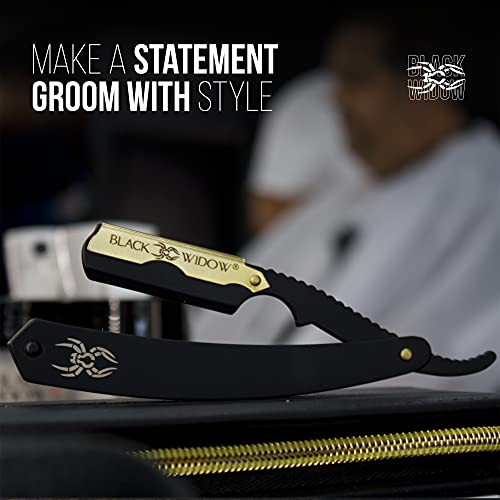 Black Widow Bundle Barber Straight Razor Gold and Matte Black - Premium Double Edge Razor Blades 100 Count Blades