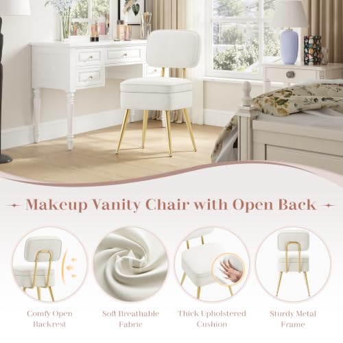 Beige Velvet Vanity Chair with Storage & Gold Legs - No Wheels, Modern Bedroom Makeup Stool