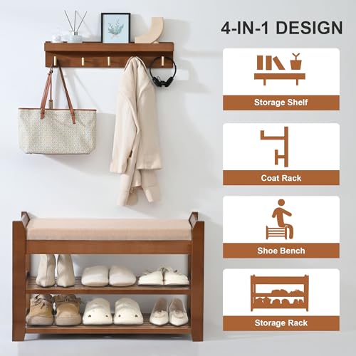 Brown 28-Inch Shoe Rack Entryway Bench with Coat Hooks - Natural Bamboo
