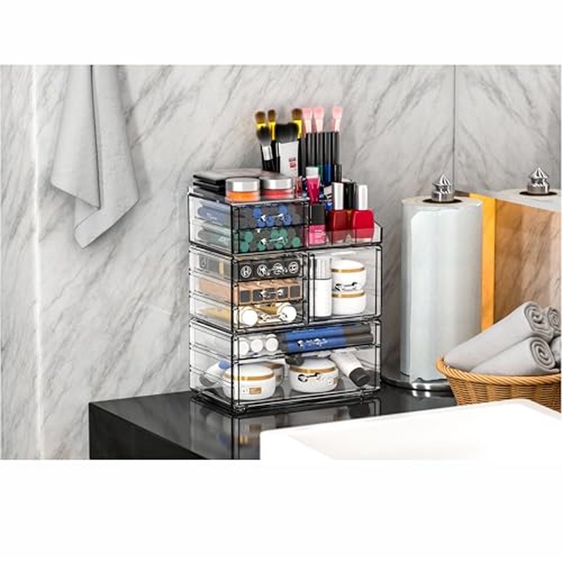 Acrylic Clear Makeup Organizer Countertop,Stackable Skincare Organizer for Vanity With 8 Drawers,Large Plastic Desk Accessories Organization,Bathroom Cosmetic Organizer Countertop for Beauty,Skin Care