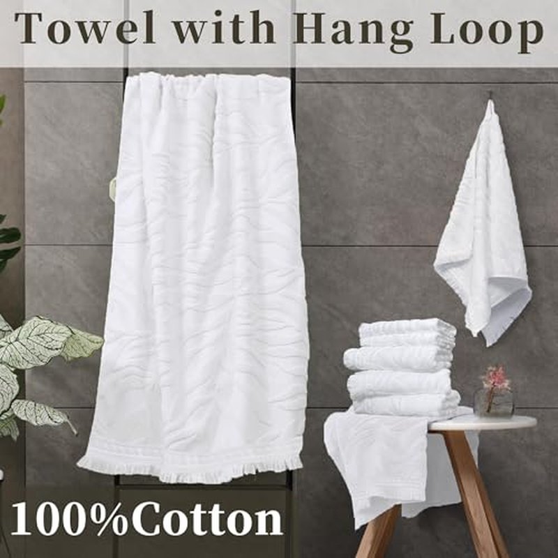 Luxury Jacquard Monstera Washcloths with Tassels, 4PC ? 100% Cotton Ultra-Absorbent & Quick Dry 13x13 Inch, Guest Bathroom & Facial Towels ? 520GSM Thick White Towel Set, Premium Bath Essentials