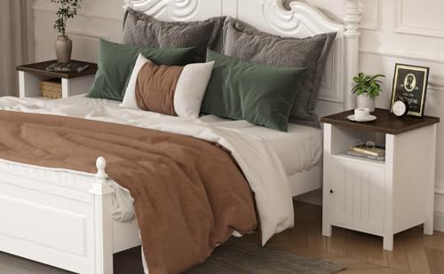 White Farmhouse Nightstands with Storage - Vintage Rustic End Tables