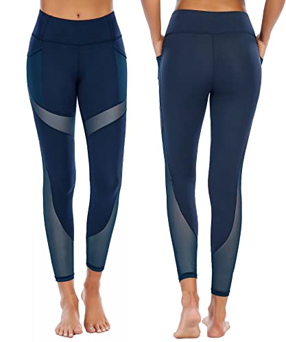 Women's High Waist Yoga Pants with Side Pockets & Mesh Insert - Small Navy Blue