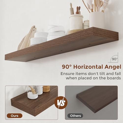 Heimlove 48" Walnut Floating Shelves, Set of 2 | 8" Deep Wall-Mounted Rustic Wood Shelves