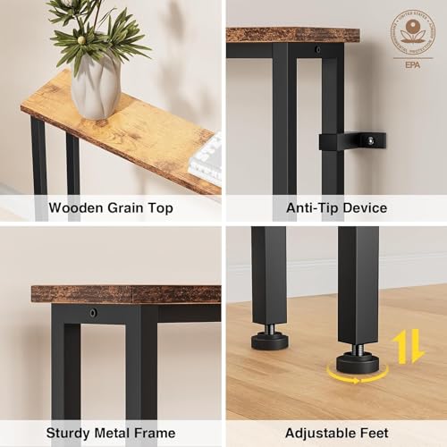 Keelian 102-Inch Rustic Brown Narrow Console Sofa Table with Power Outlets & USB Ports
