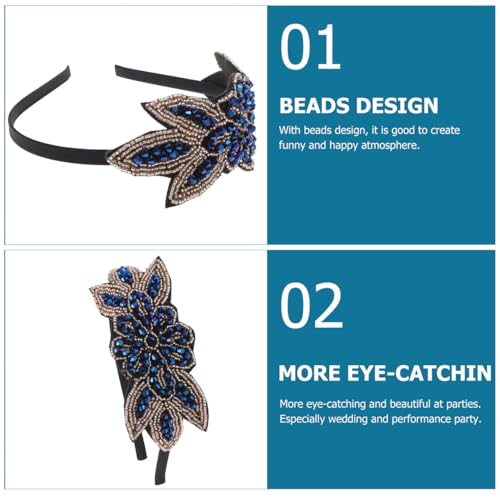 Women's Retro 1920s Flapper Headband with Leaf Design and Rhinestones - Blue Variation
